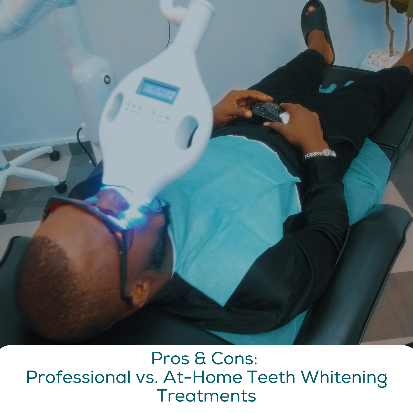 a man in a dental office getting a teeth whitening procedure done