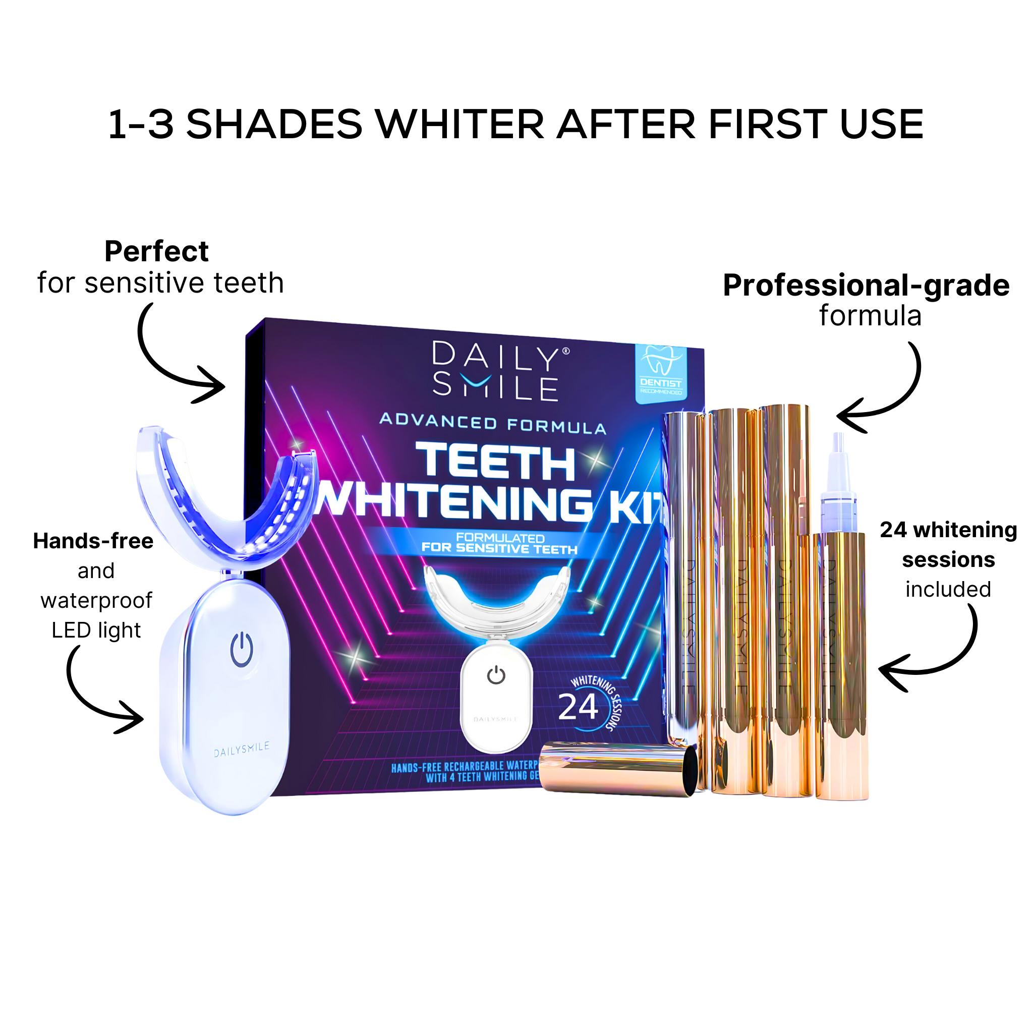 teeth whitening kit box with products layed out in front